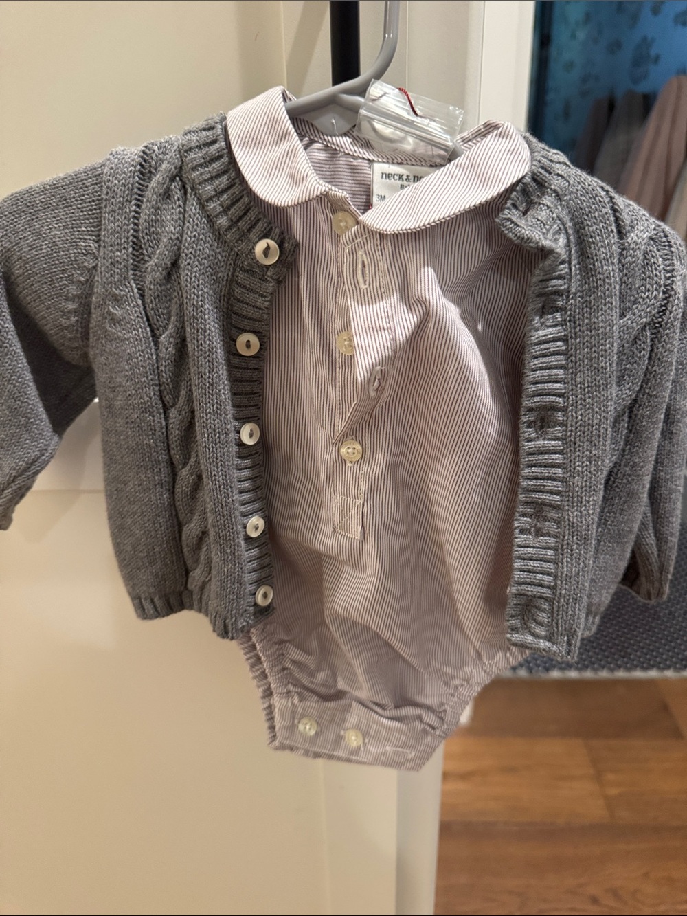 Unbranded Gray Knit Cardigan with Pink Stripe Bodysuit - Kids